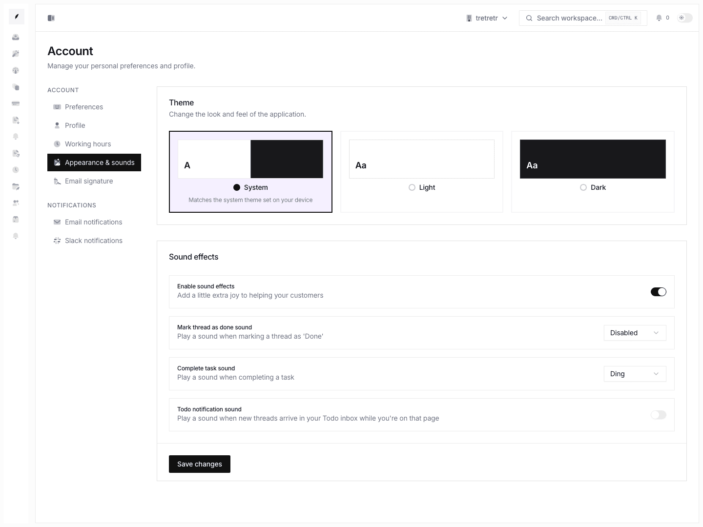 Account appearance showing theme and sound preferences that affect daily workspace behavior.
