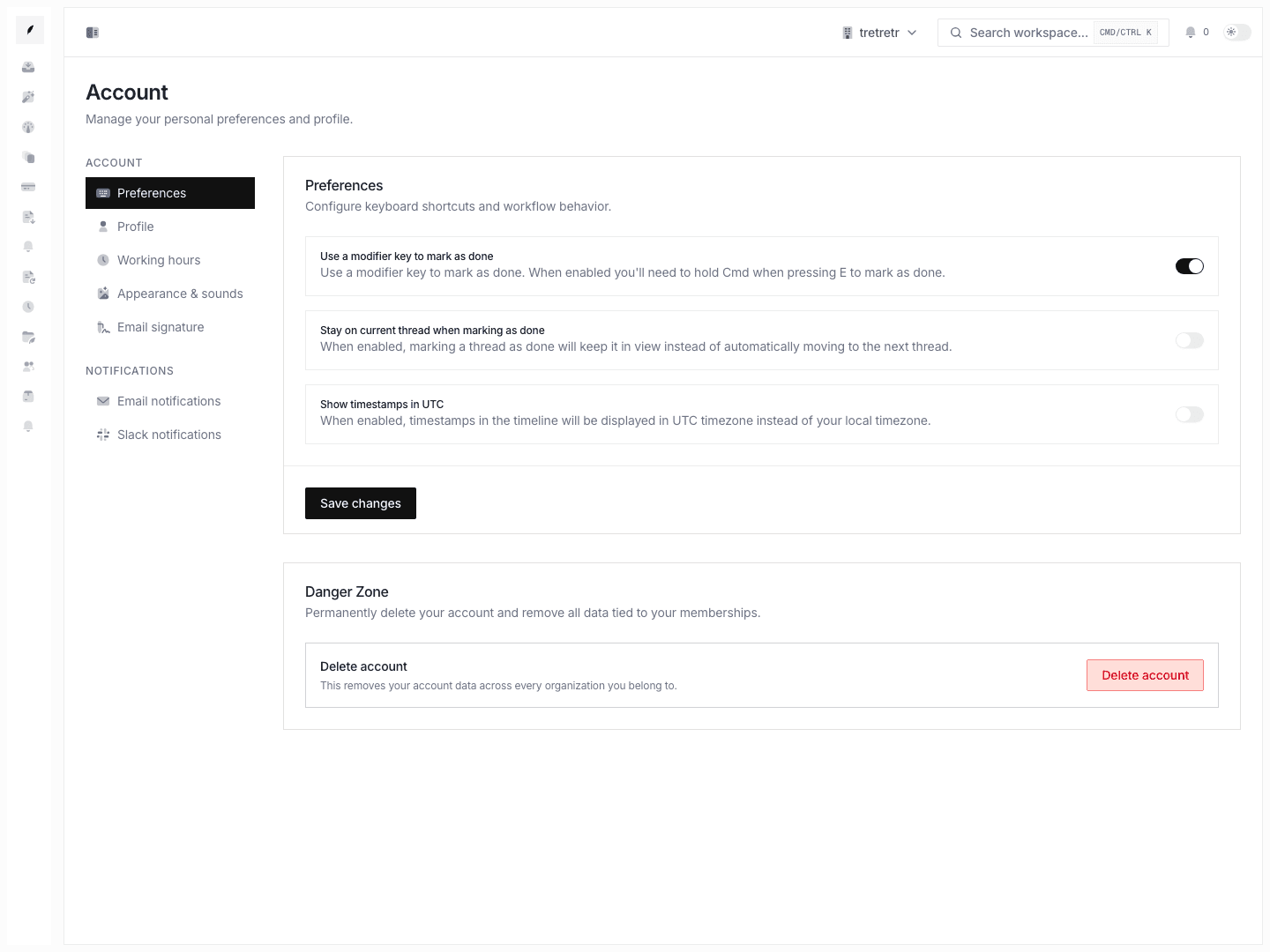 Account preferences showing the neighboring personal workflow settings inside the account area.
