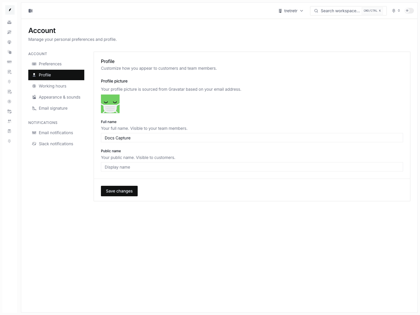 Account profile showing identity fields, public name, and profile picture controls.