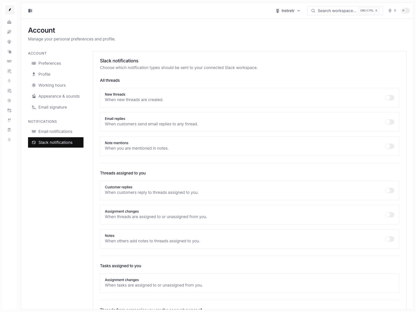 Account Slack notifications showing the personal Slack preference surface.