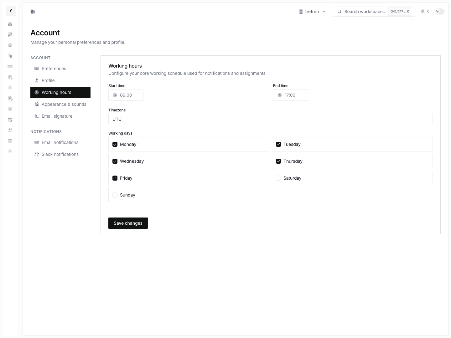 Account working hours showing personal timezone, day, and availability controls.
