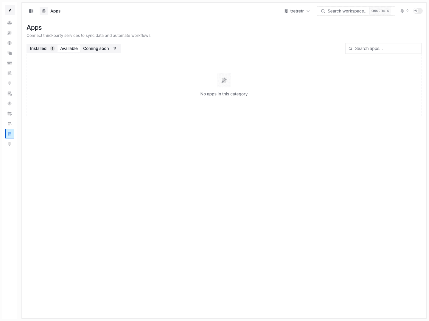 Apps workspace with installed, available, and coming-soon integration tabs.