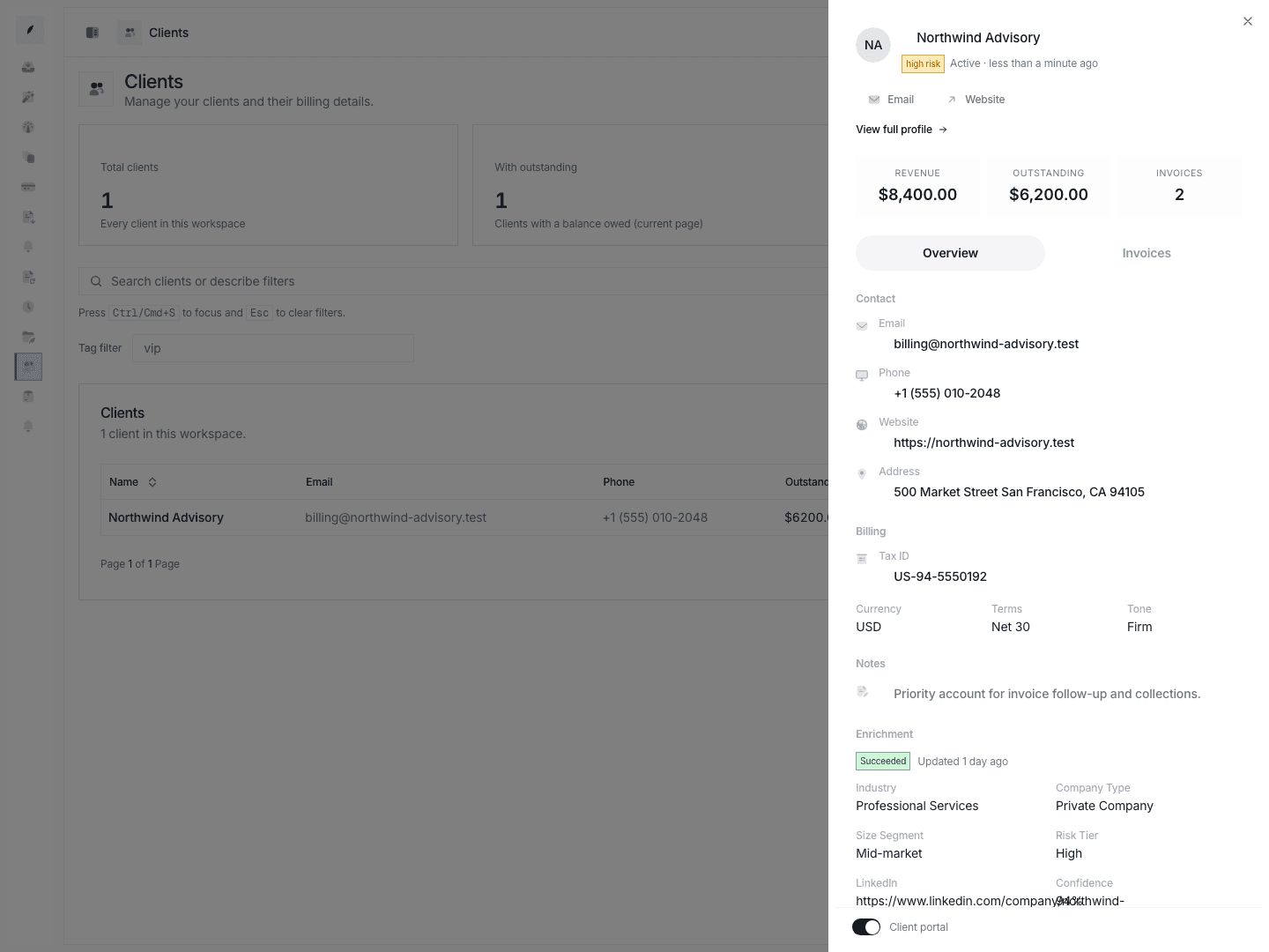 Client detail sheet showing the faster side-panel workflow that complements the full profile page.