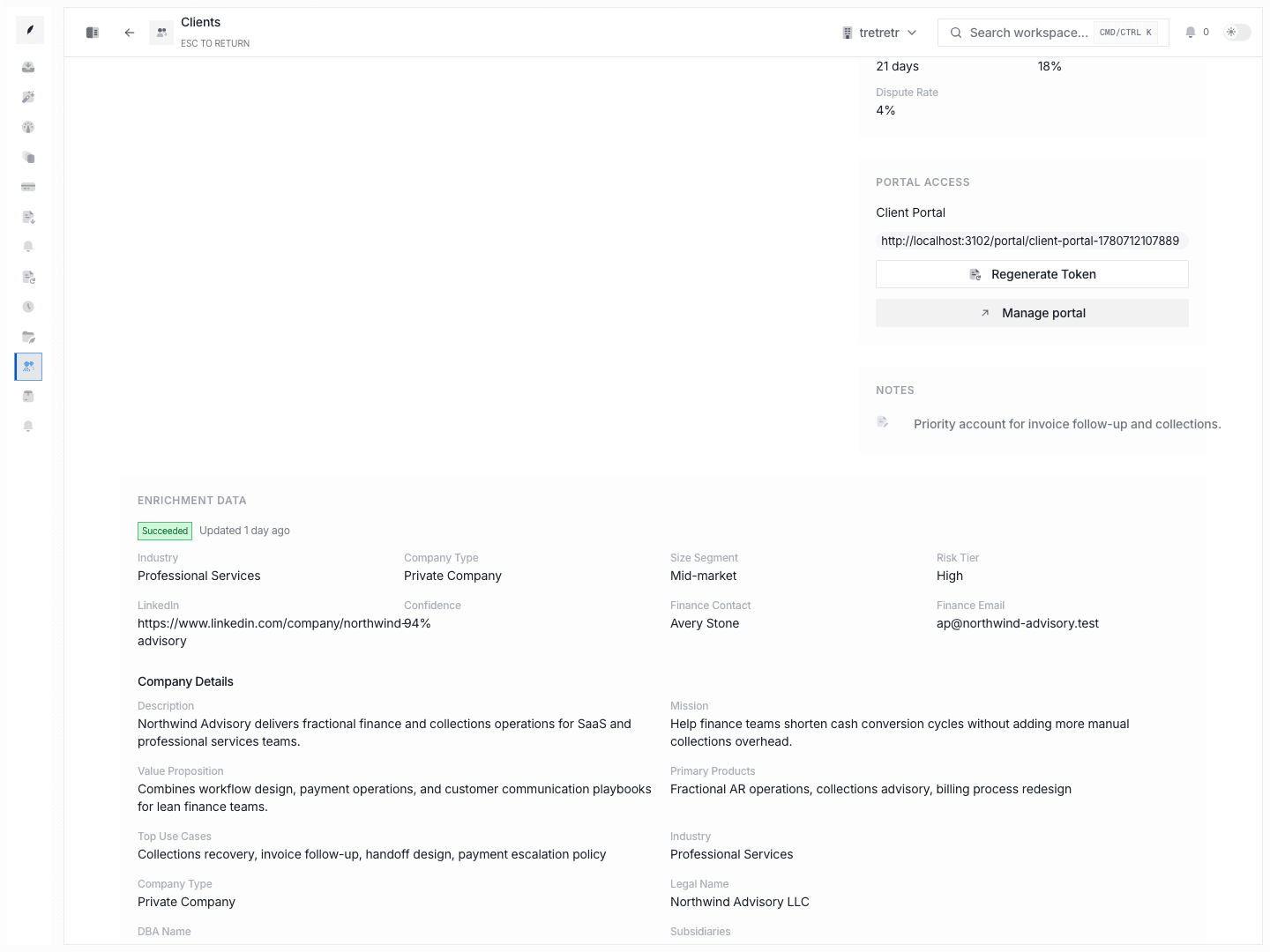 Client enrichment section showing lifecycle status, projected summary fields, detail accordions, and source-backed company context.