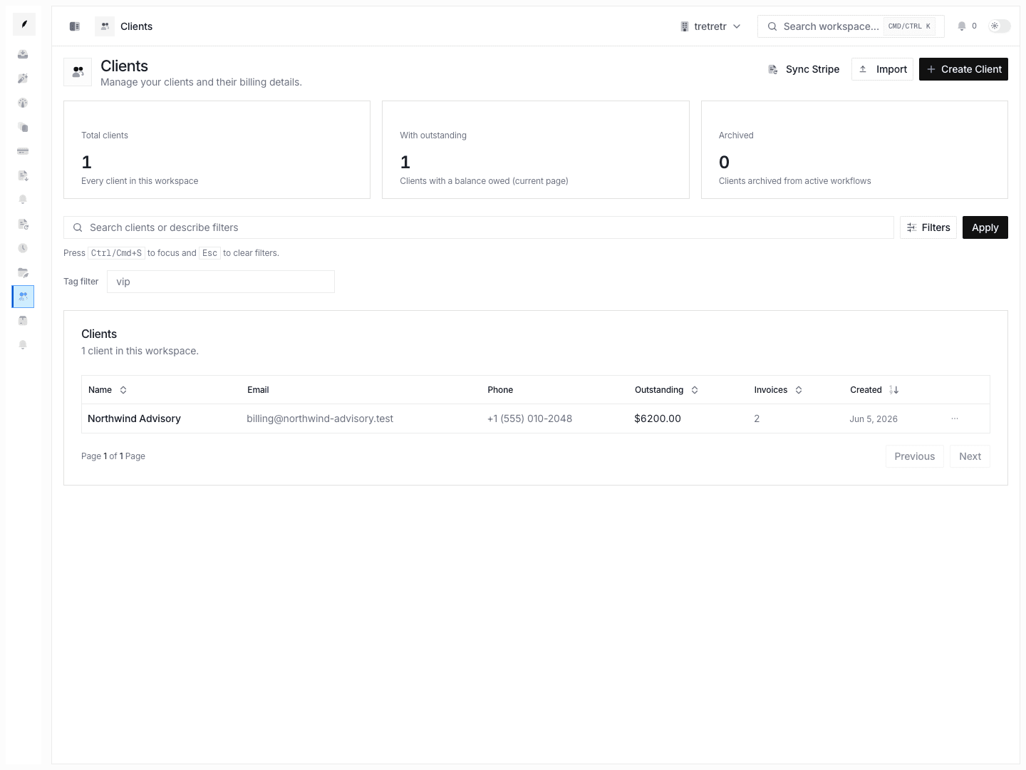 Clients workspace with existing records and create controls.
