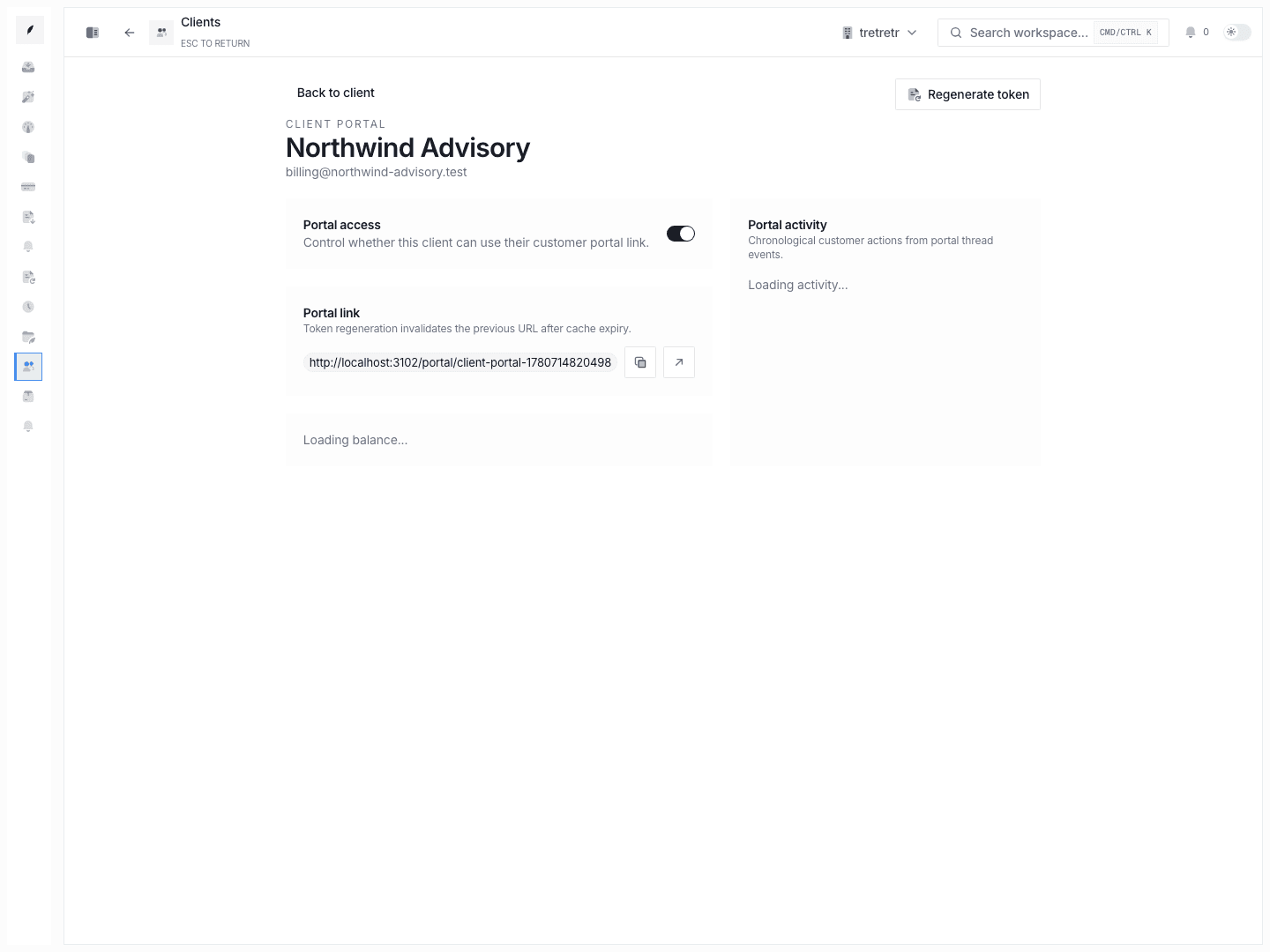 Client portal admin showing portal access, portal link, and activity controls for a customer.