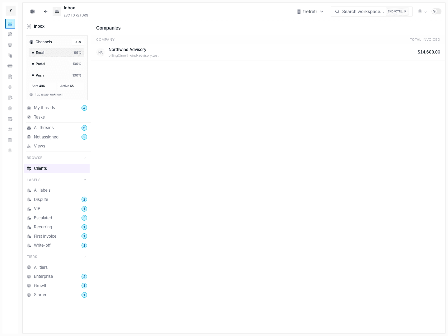 Inbox browse clients showing companies grouped for inbox-first navigation.