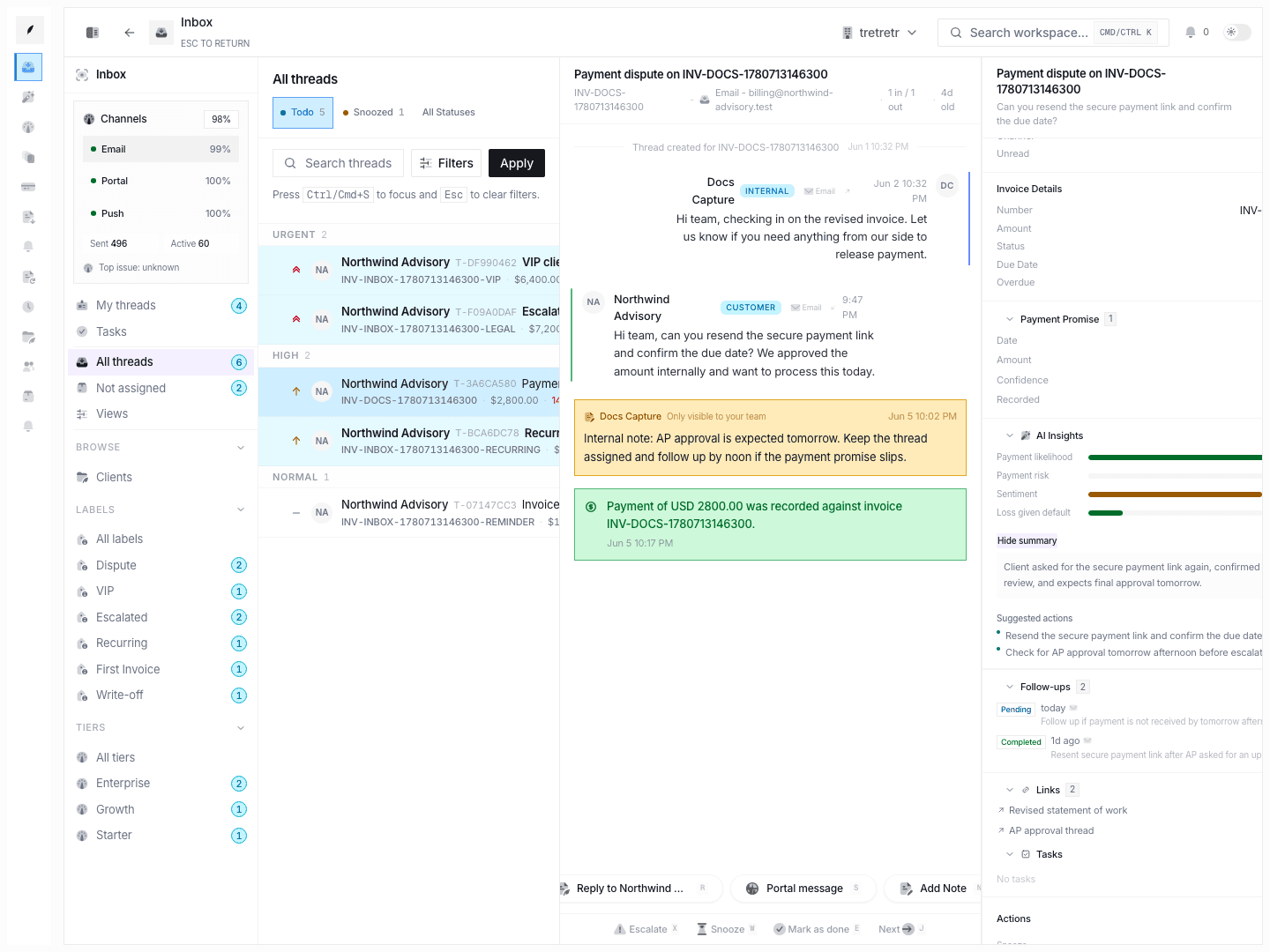 Inbox metadata sidebar showing status, assignee, labels, invoice details, and thread context.