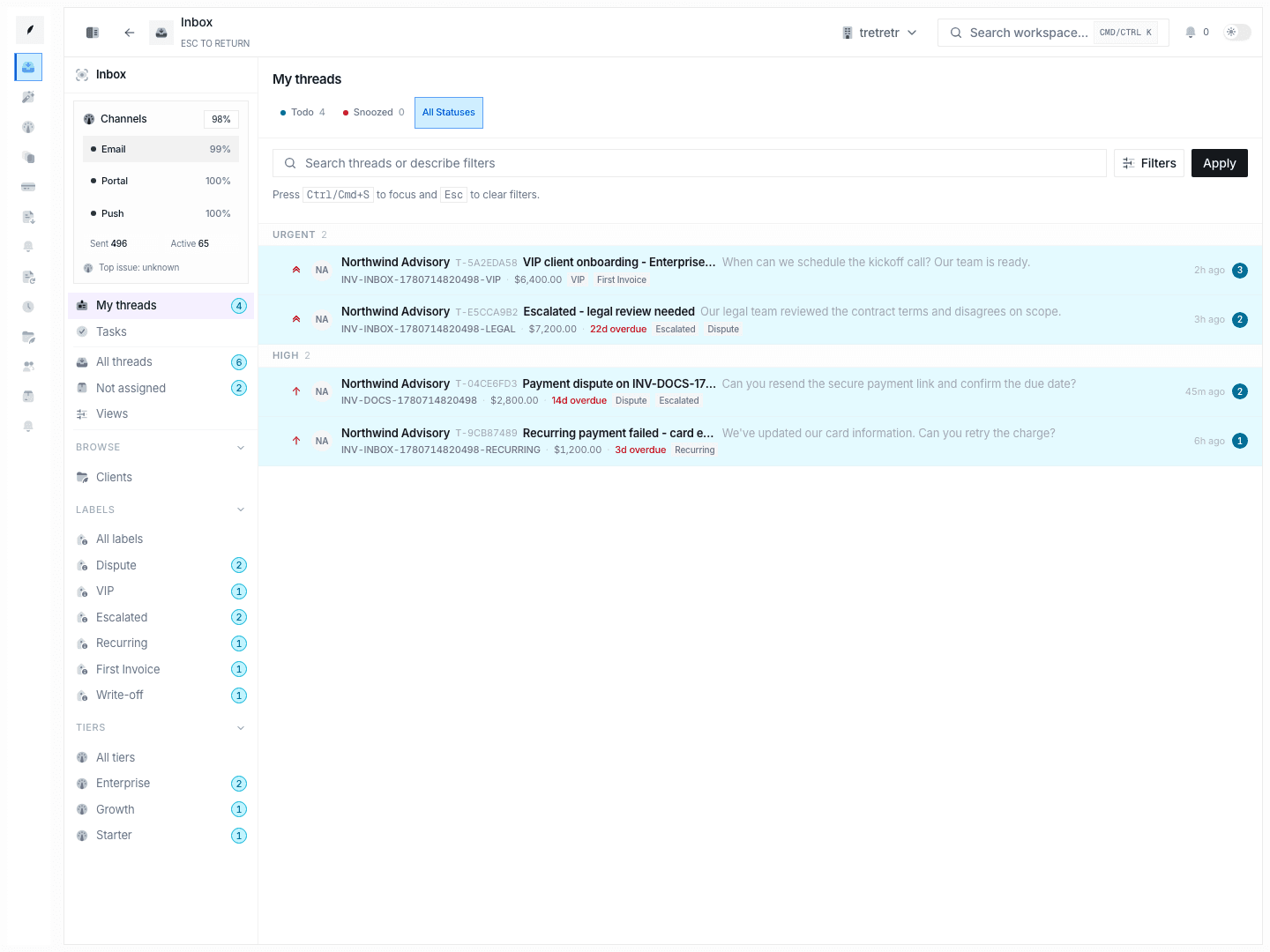 Inbox my threads showing the personal queue for assigned work.