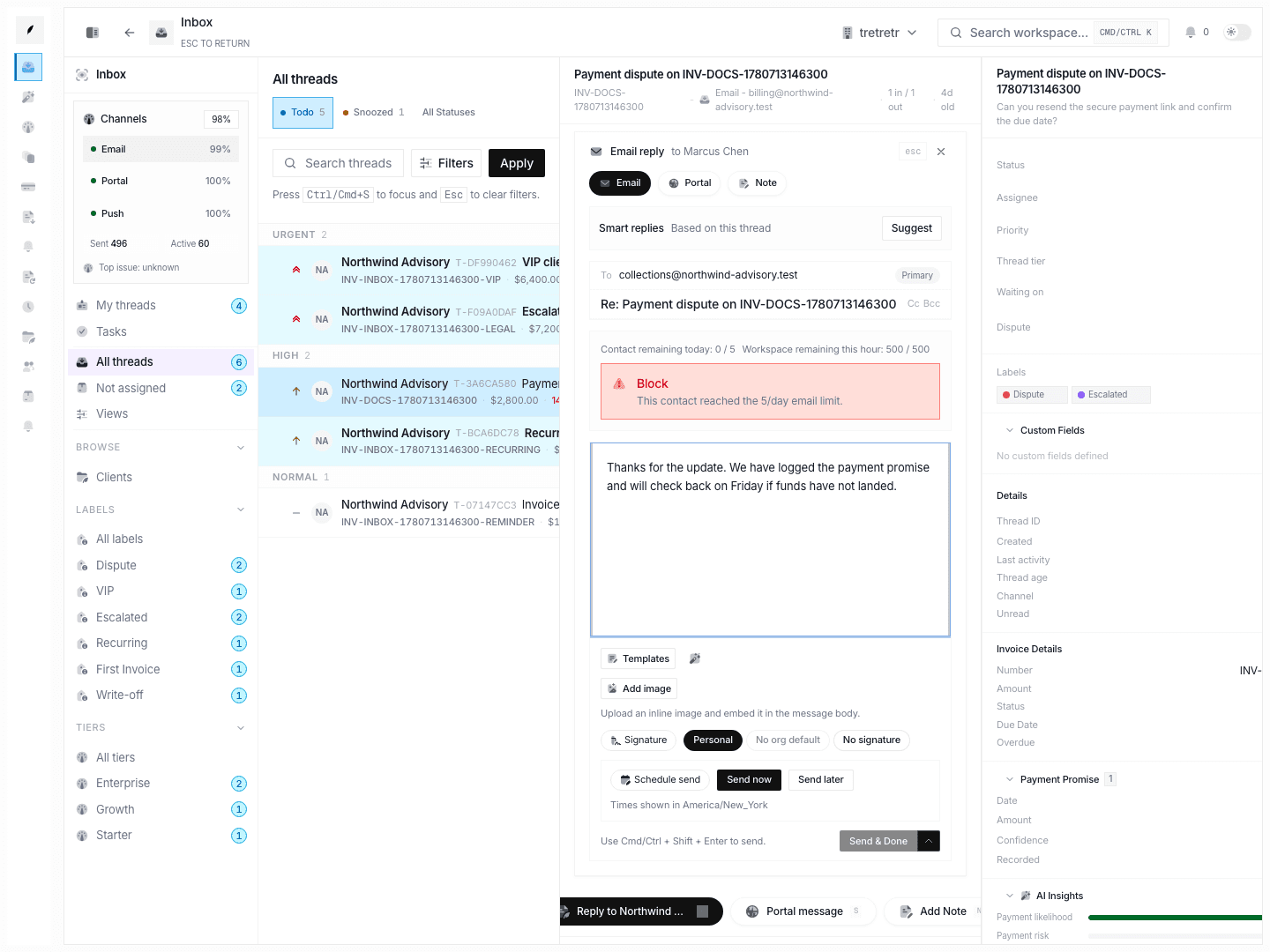 Reply composer showing where reusable responses support customer communication.