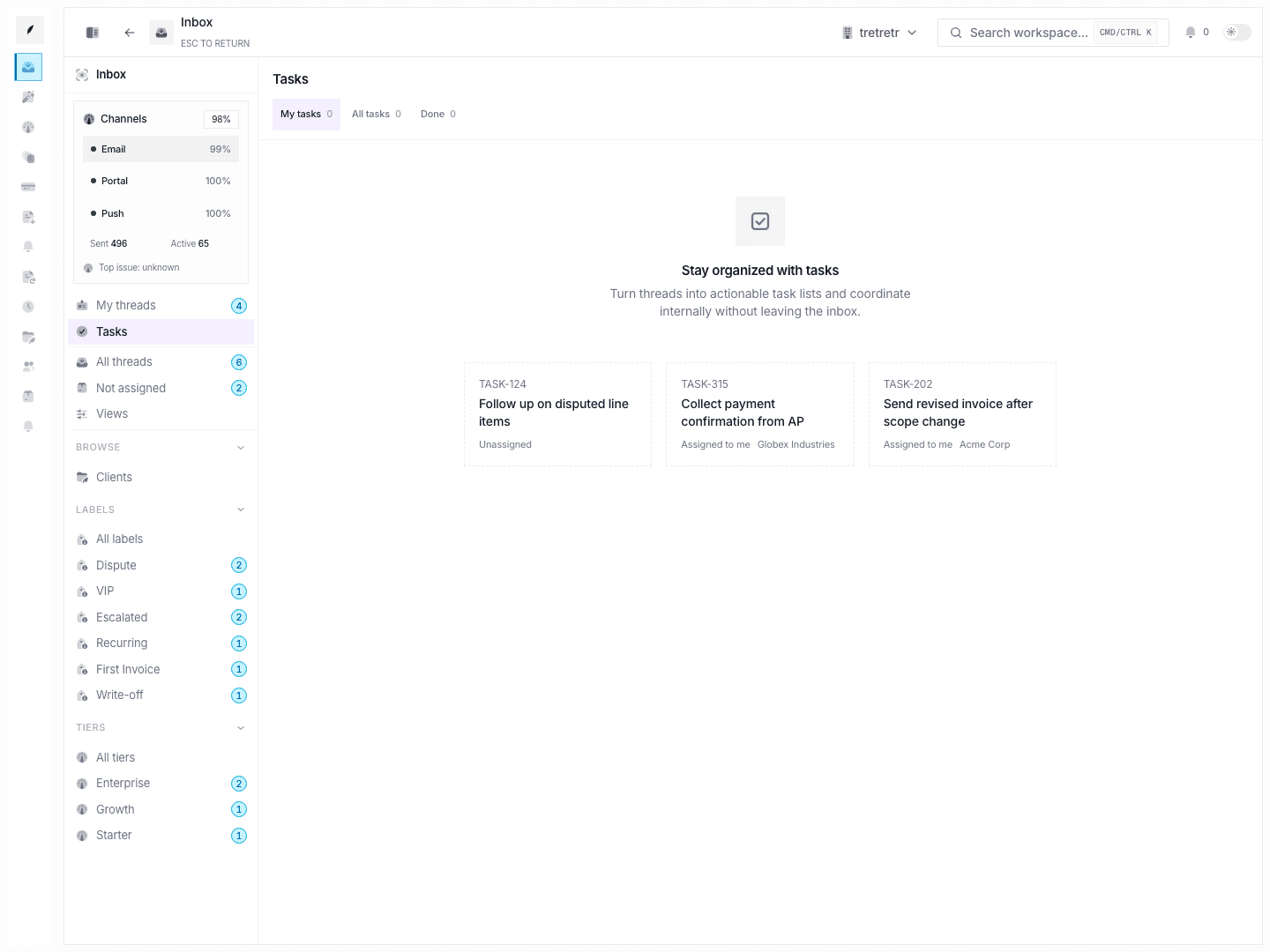 Inbox tasks showing thread-linked internal work and task state filters.