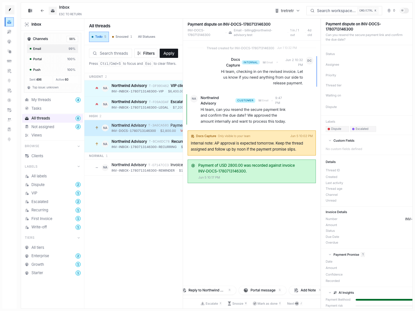 Conduitt inbox thread showing the communication timeline for an invoice