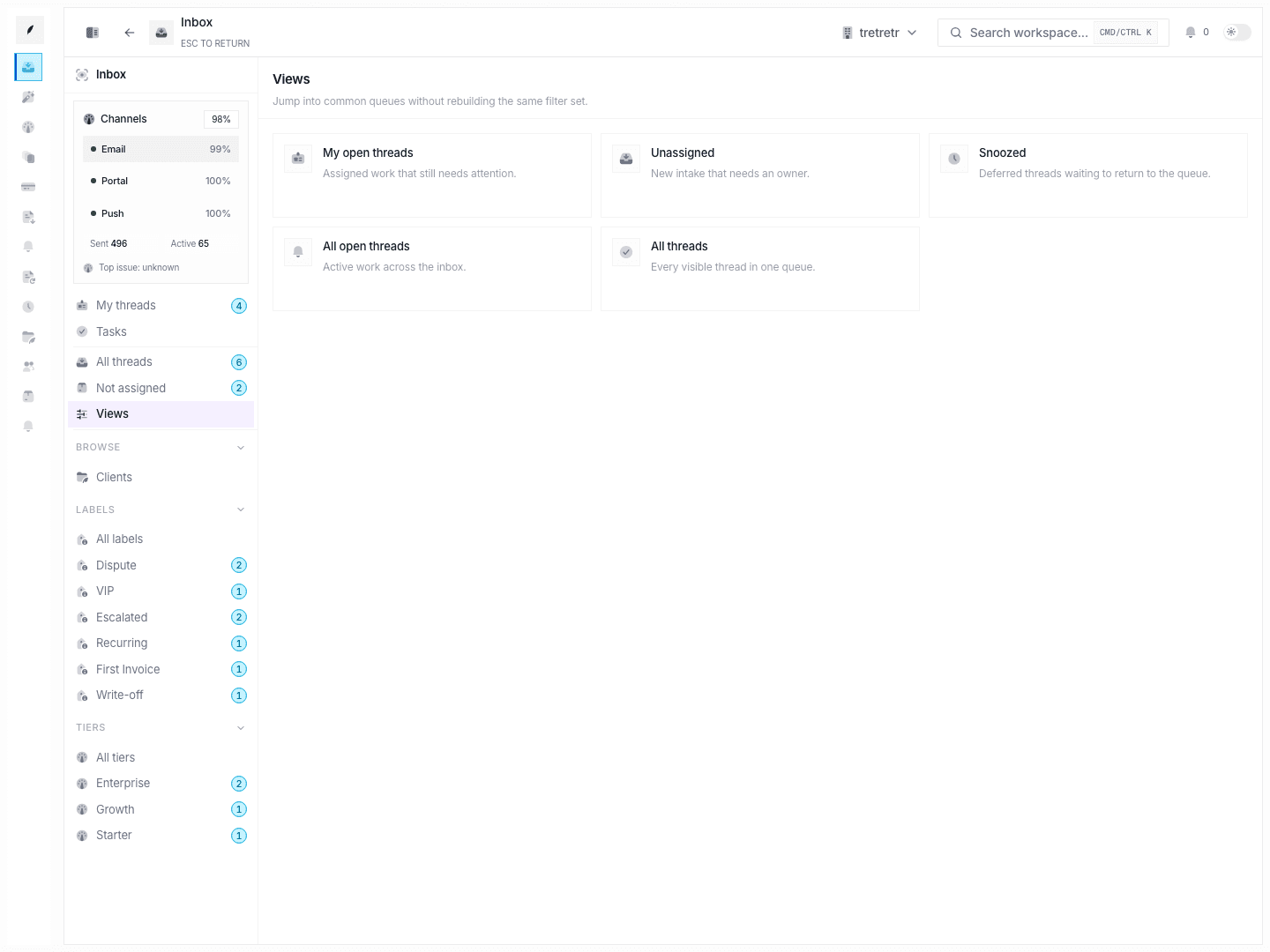 Inbox views showing predefined queue shortcuts for common triage contexts.