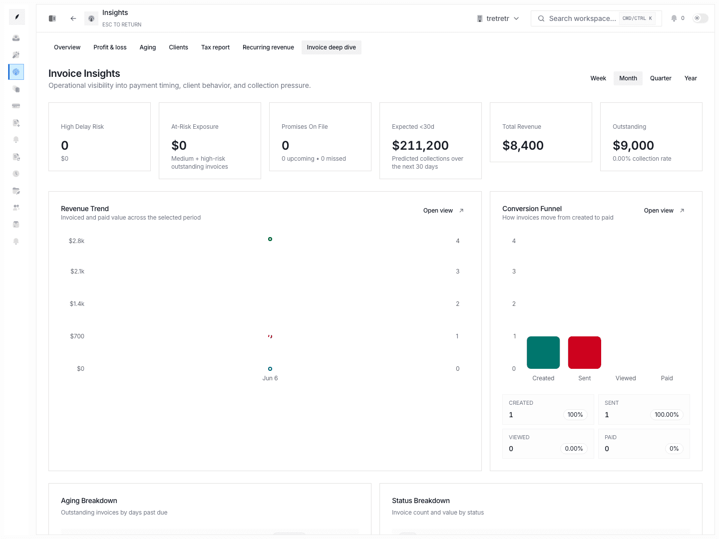 Invoice insights showing invoice status, aging, client, and risk reporting panels.