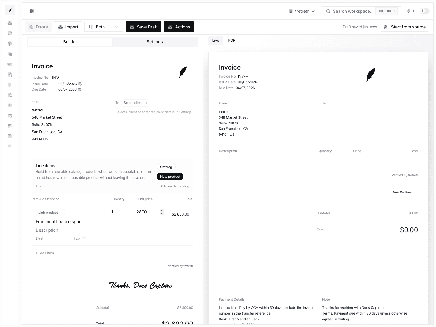 Conduitt invoice builder showing draft details and preview