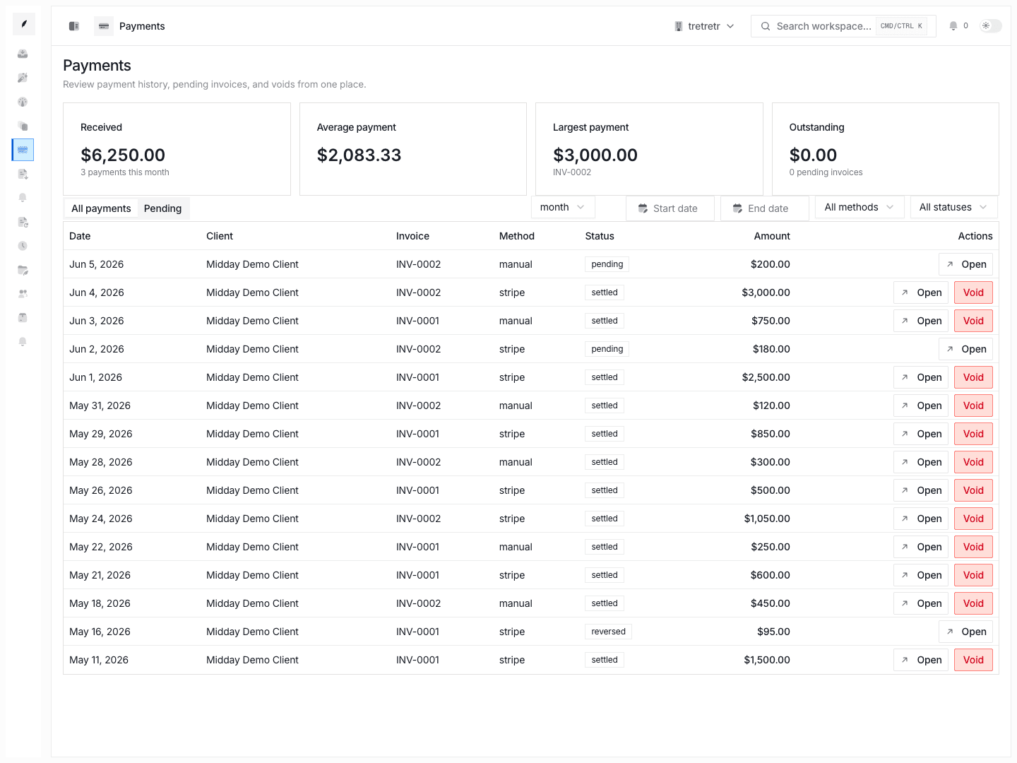 Payments overview showing received, pending, and filtered payment history.