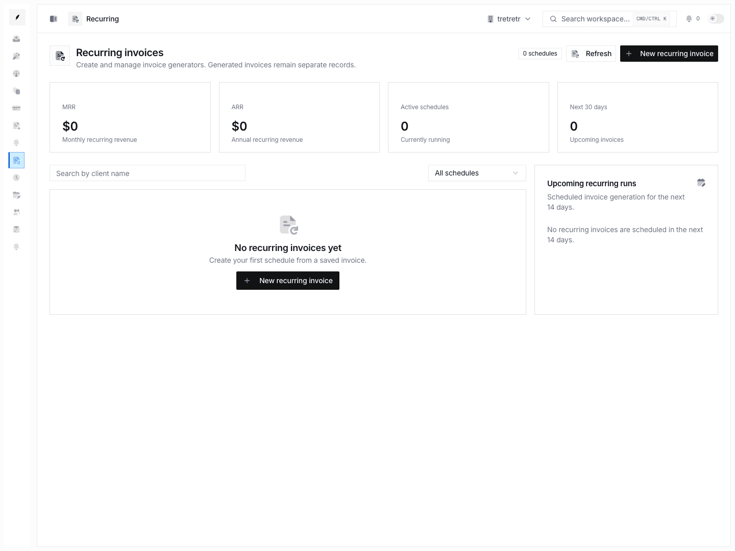 Recurring invoices overview showing schedule health, MRR/ARR stats, and recurring generators.