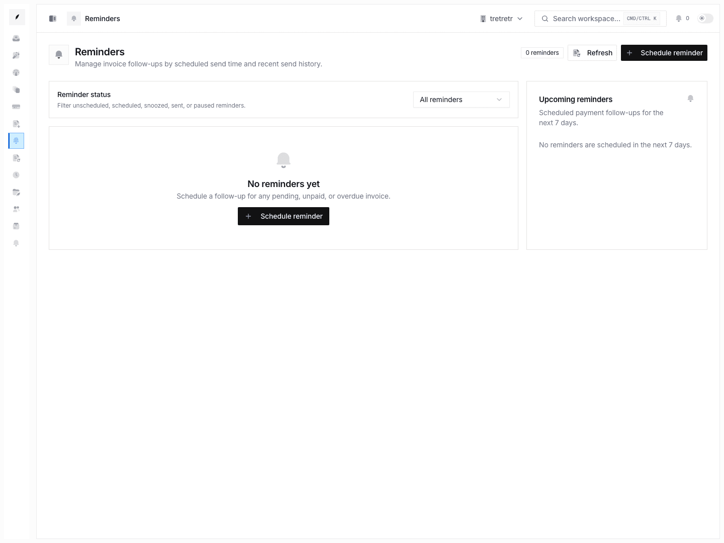 Reminders overview showing scheduled invoice follow-ups and status filters.