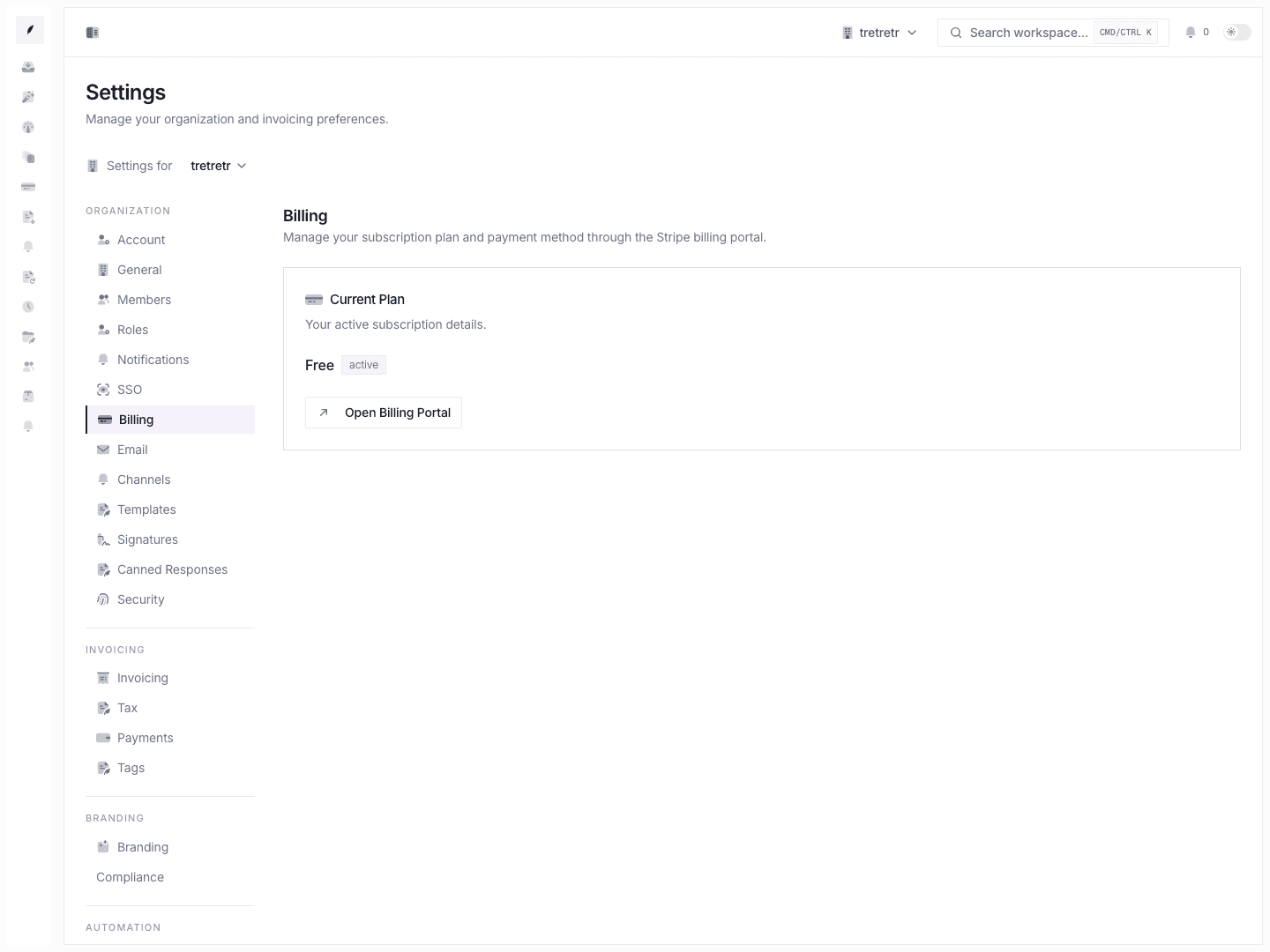 Billing settings showing current plan state and Stripe billing-management entry points.