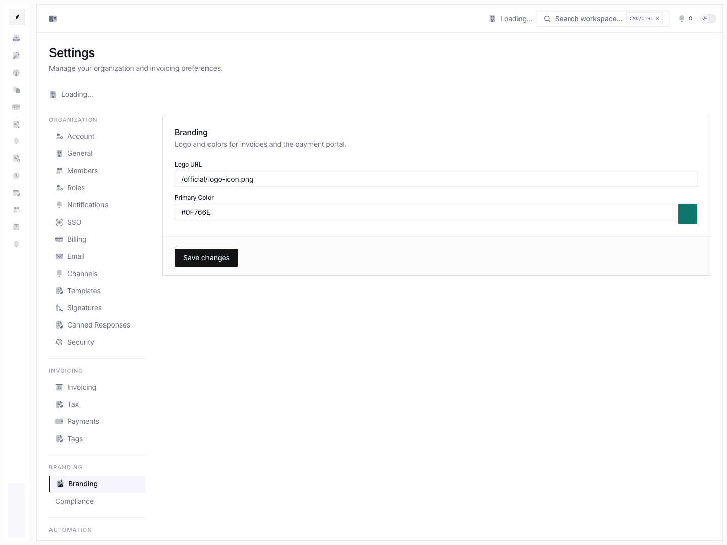 Branding settings showing logo URL and primary color controls used when previews look wrong.