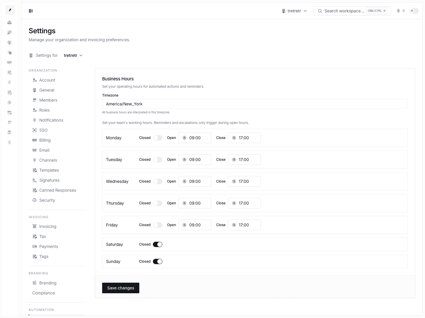 Business hours settings showing the organization-level schedule that complements personal availability.