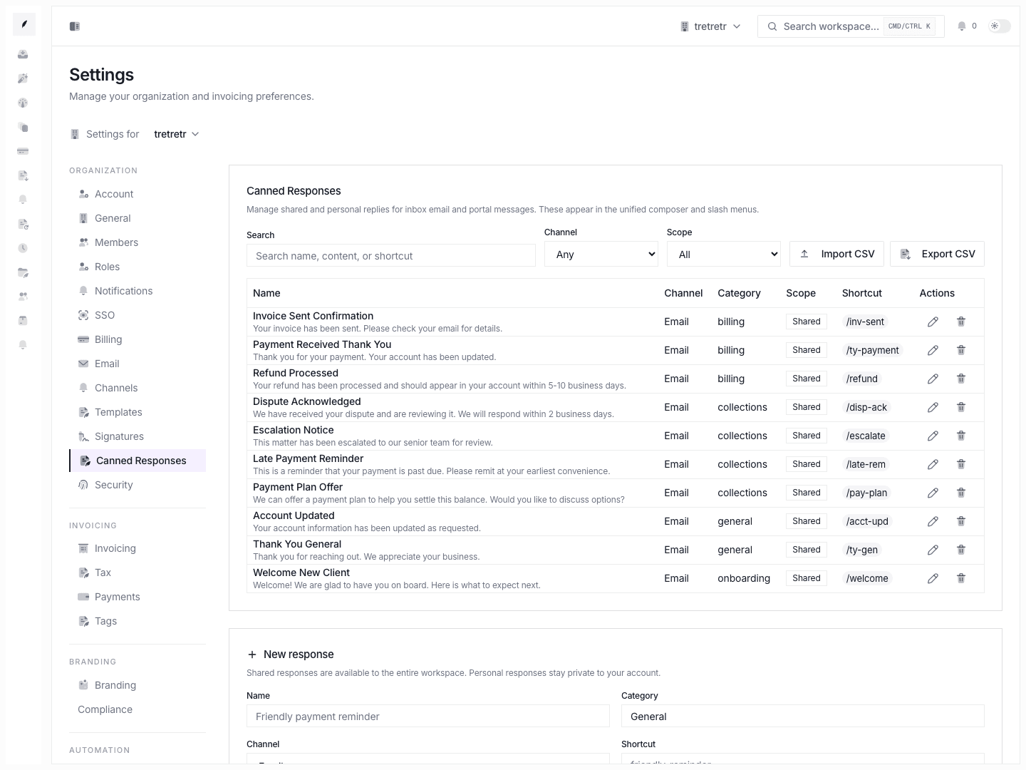 Canned responses settings showing reusable reply snippets and library controls.