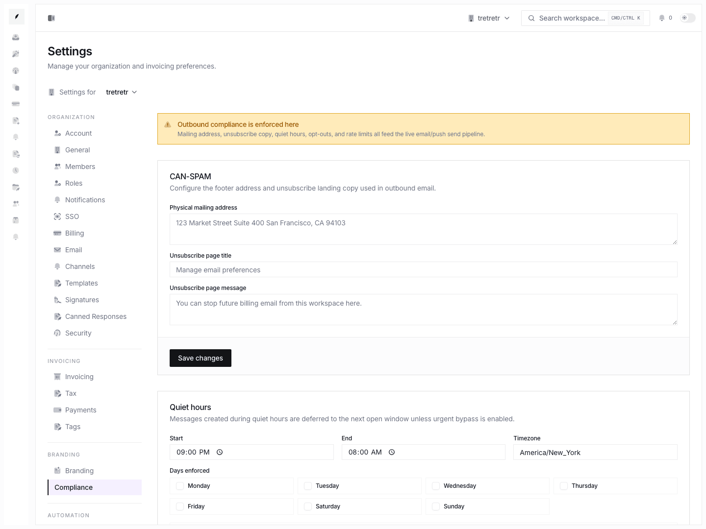 Compliance settings showing CAN-SPAM copy, suppressions, quiet hours, rate limits, and legal identifiers.