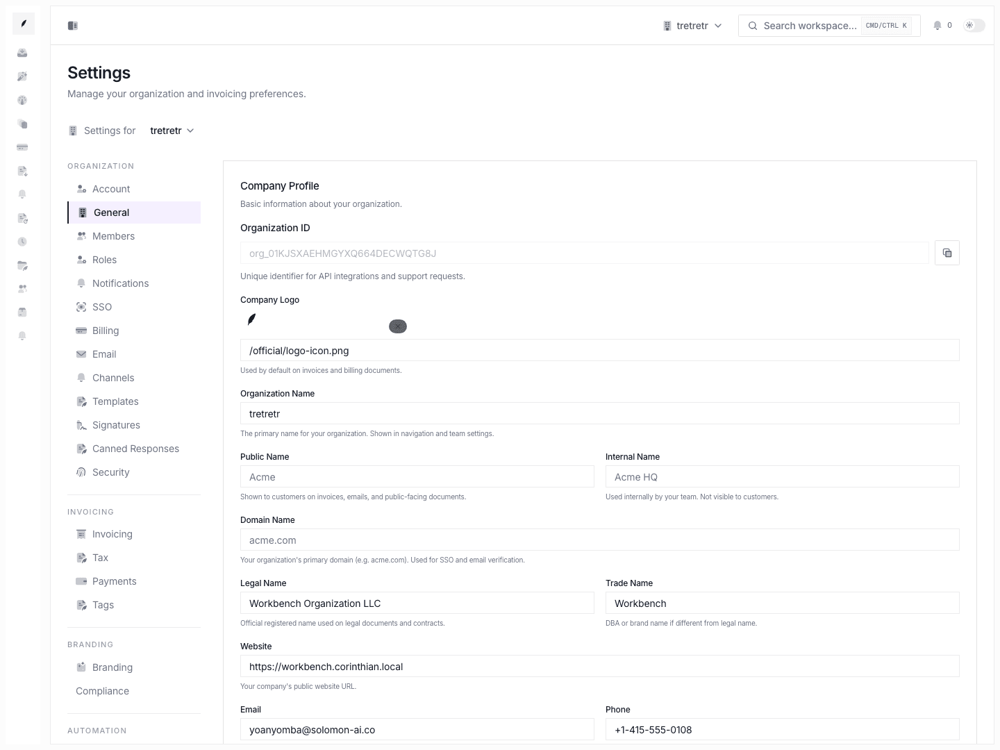 General settings page showing company profile fields, logo controls, and organization-level identity data.