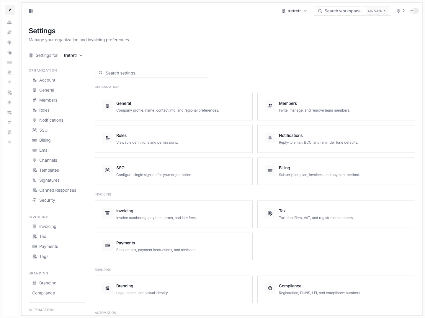 Settings overview showing grouped cards for organization, invoicing, branding, and automation controls.