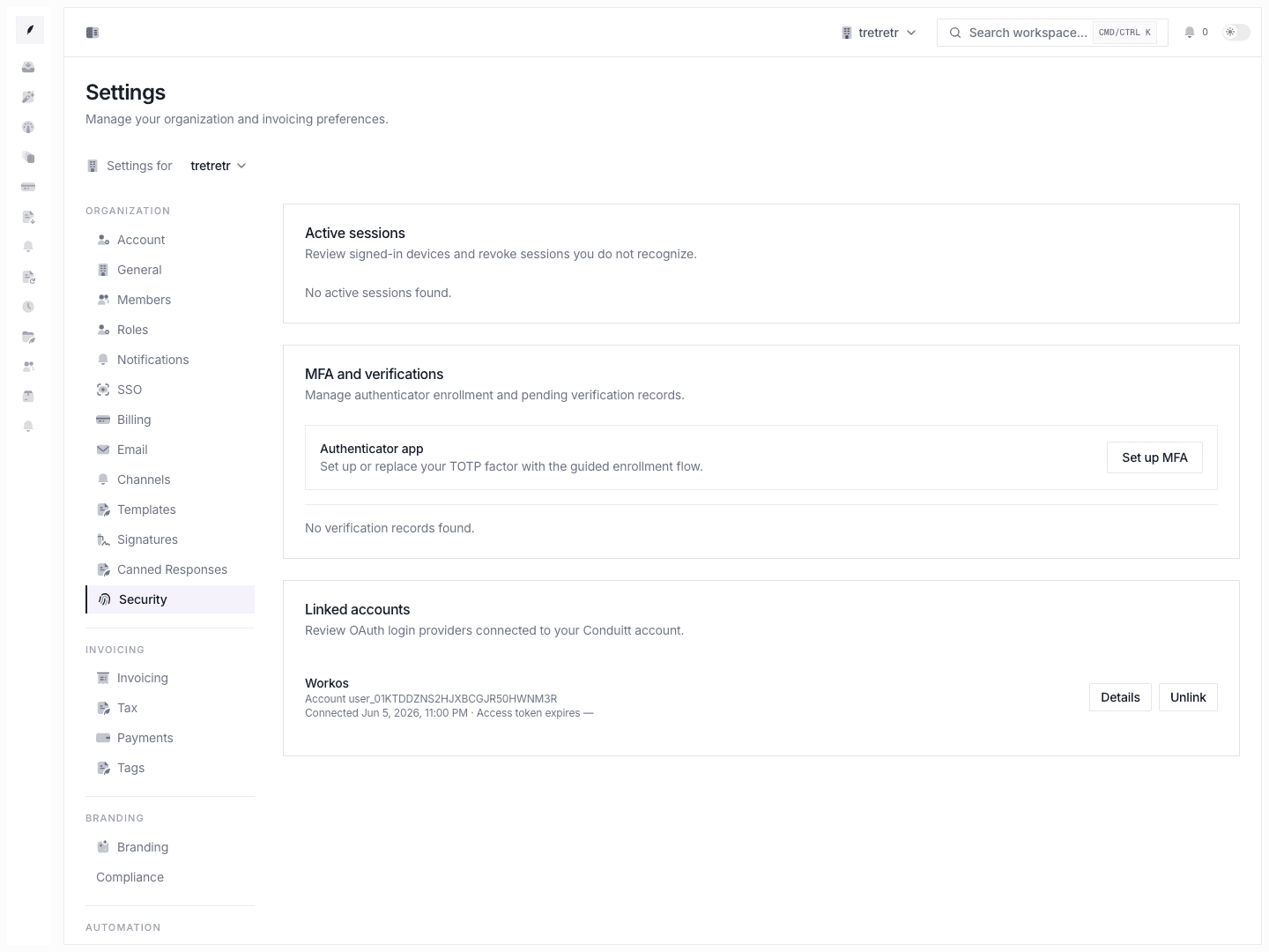 Security settings showing active sessions, MFA and verification methods, and linked accounts.