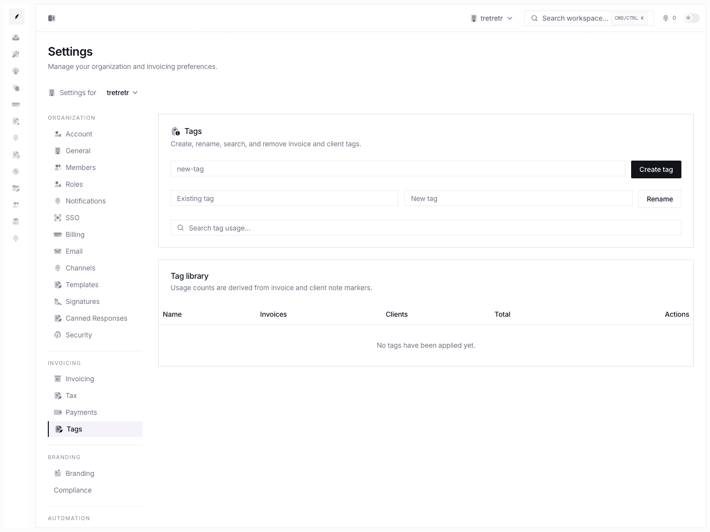 Settings tags page showing the tag library, usage counts, create controls, rename controls, and tag search.