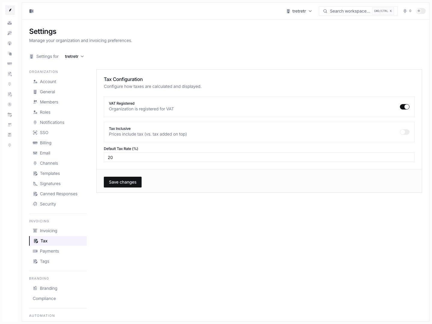 Tax settings showing VAT registration, inclusive pricing, and default tax rate.