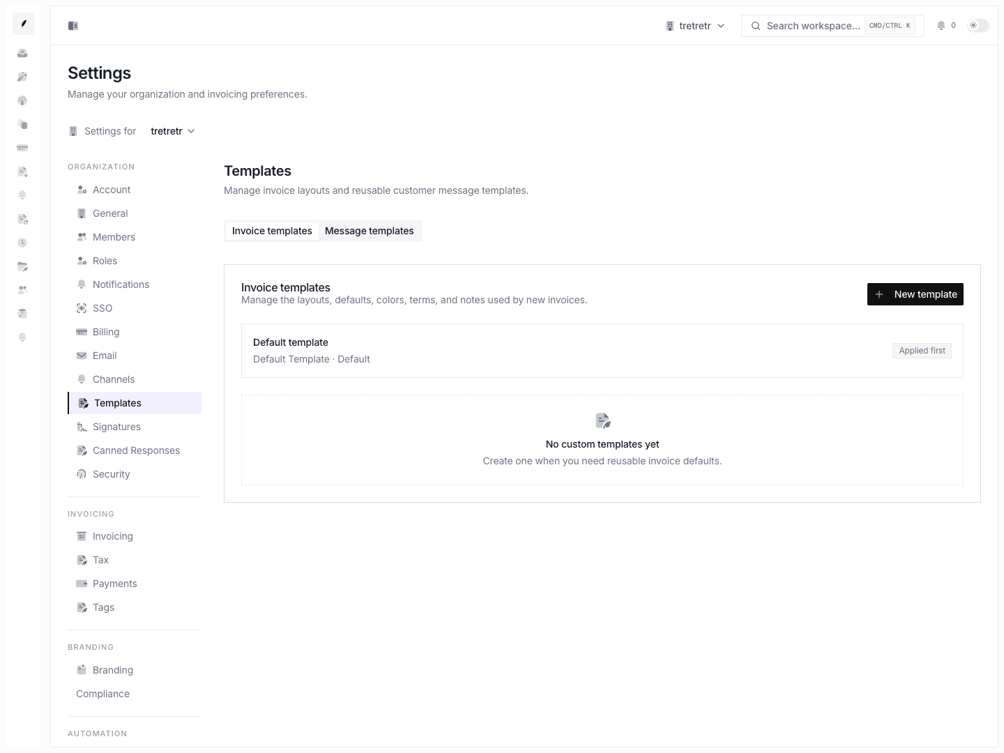 Message templates page with channel-aware template management.