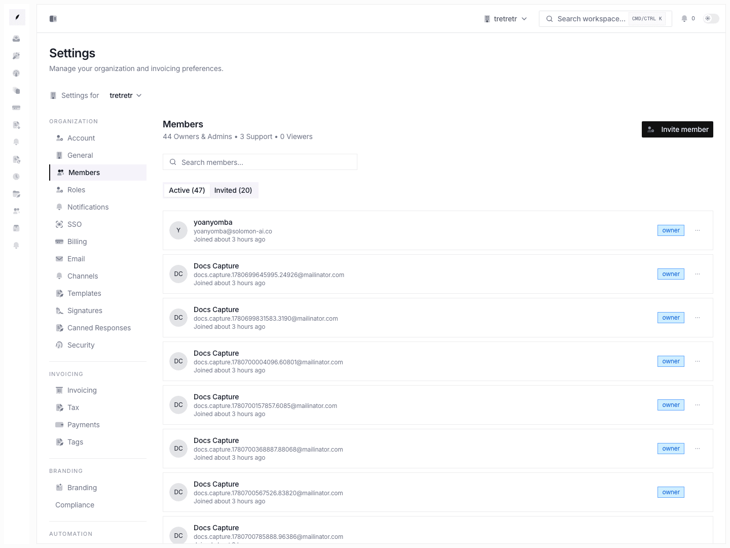 Members workspace showing the team roster and access layer that underpins those shared workflows.