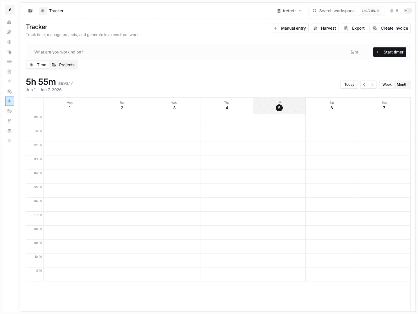 Tracker overview showing the timer, time calendar, project controls, and invoice actions.