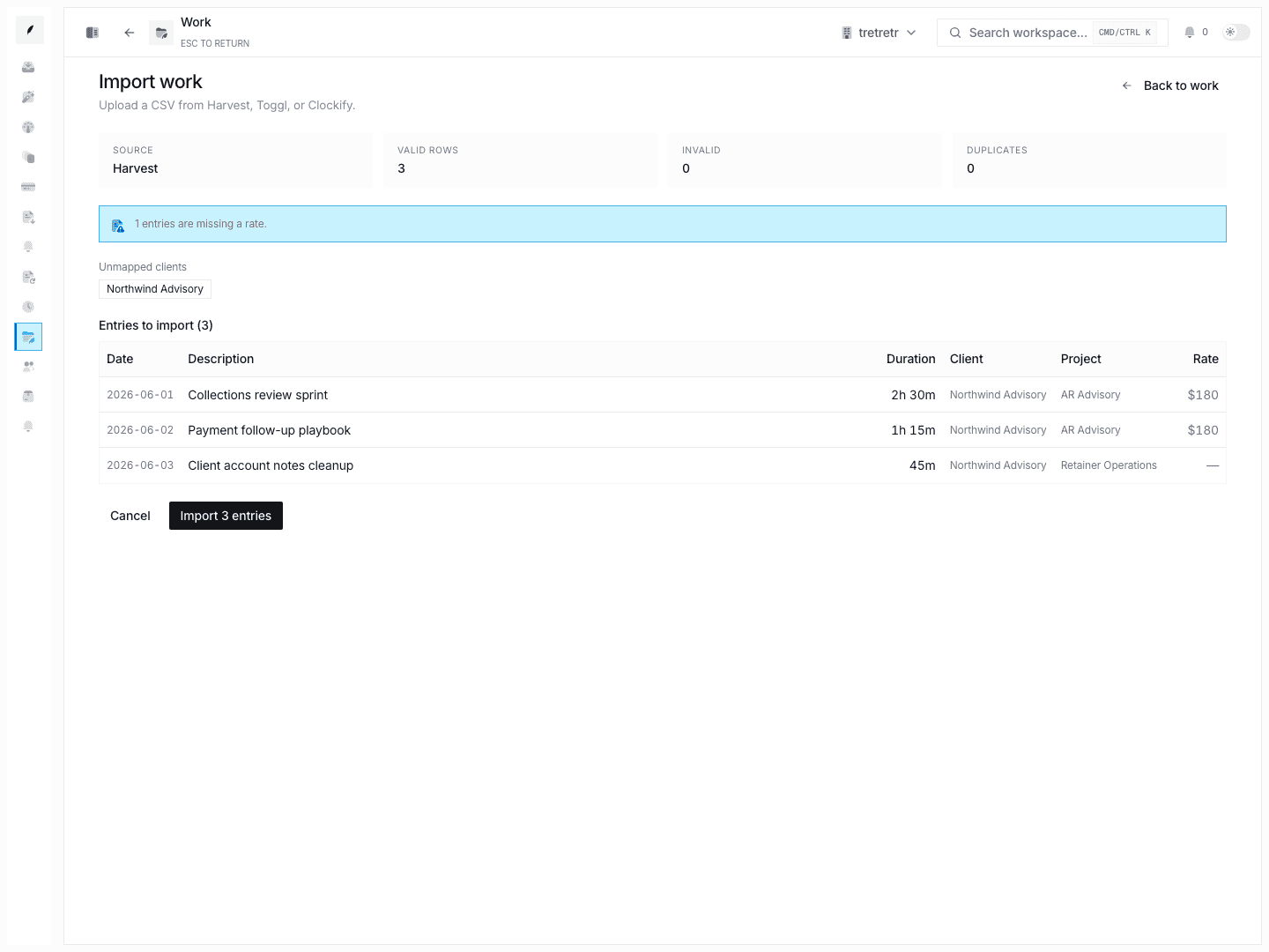 Work import workspace showing upload controls, mapping steps, and review state for billable records.