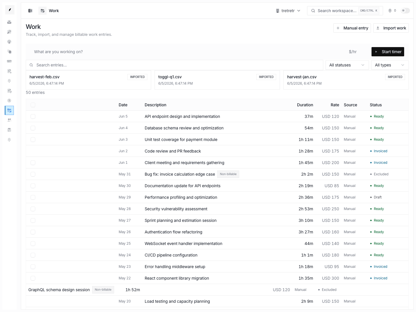 Work overview showing searchable work entries, billing status filters, and import history.