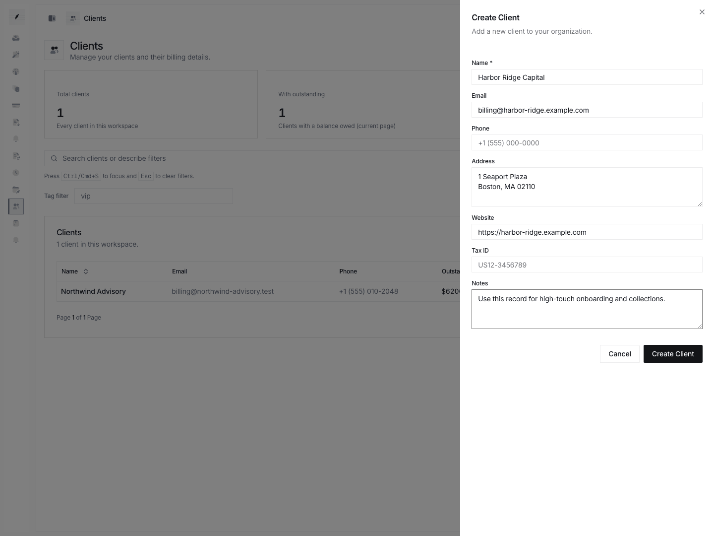 Create client sheet showing the required base fields for a new client record.