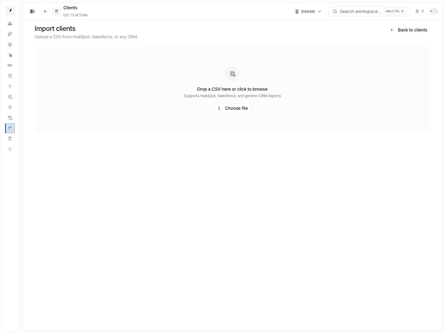 Client import workspace showing imported account rows ready for review before they enter the client directory.