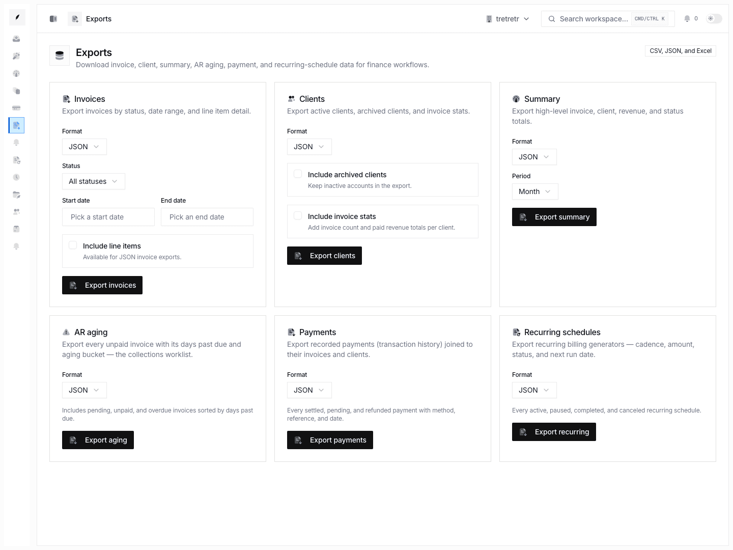 Exports overview showing available export jobs, status, and download-oriented workflow state.
