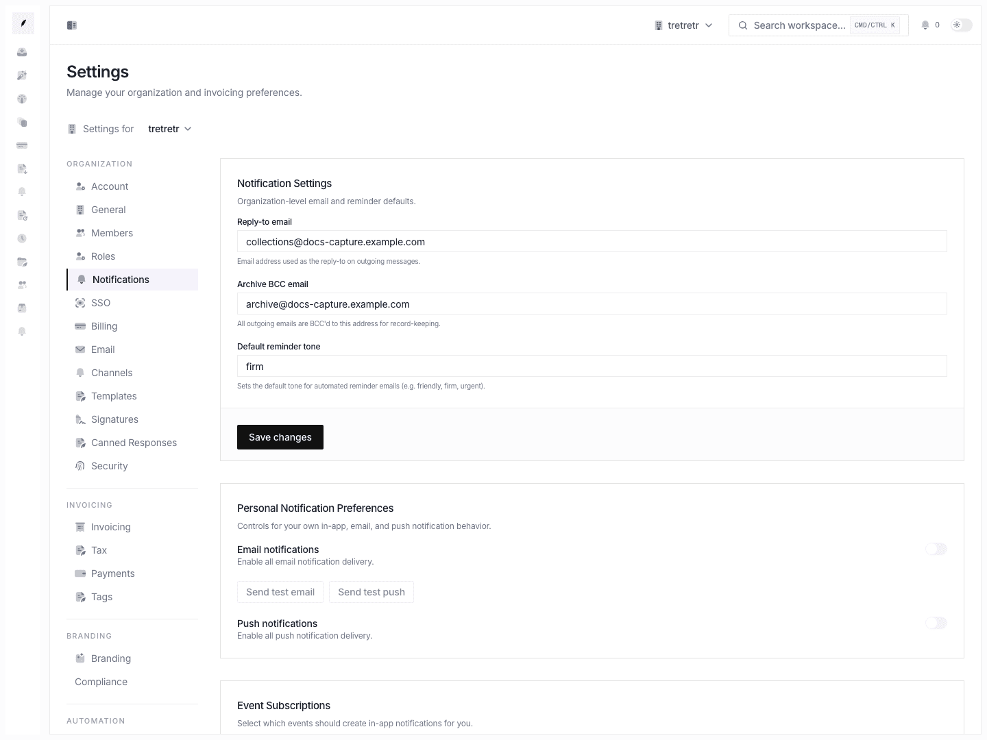 Settings notifications page showing reply routing, archive BCC, and notification defaults.