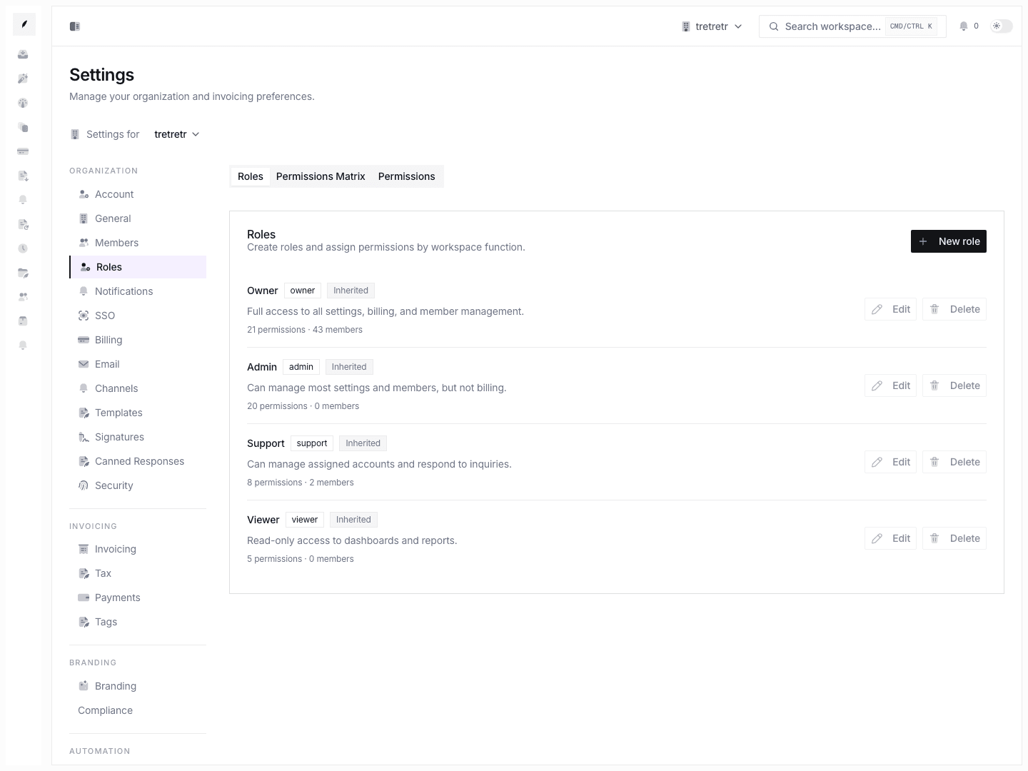 Roles settings showing the permission model that sits behind member access and assignment decisions.