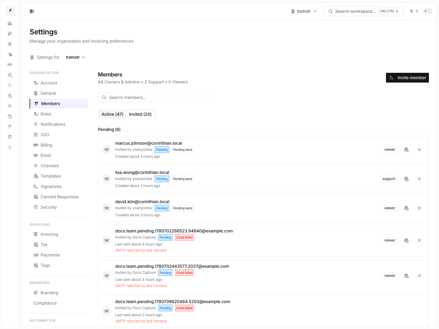 Invite history showing pending invites, delivery failures, accepted history, and revoked or expired invites in one view.